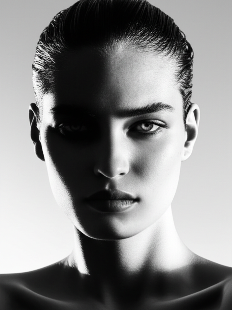 High fashion editorial black and white portrait showcasing JC Models' artistic vision