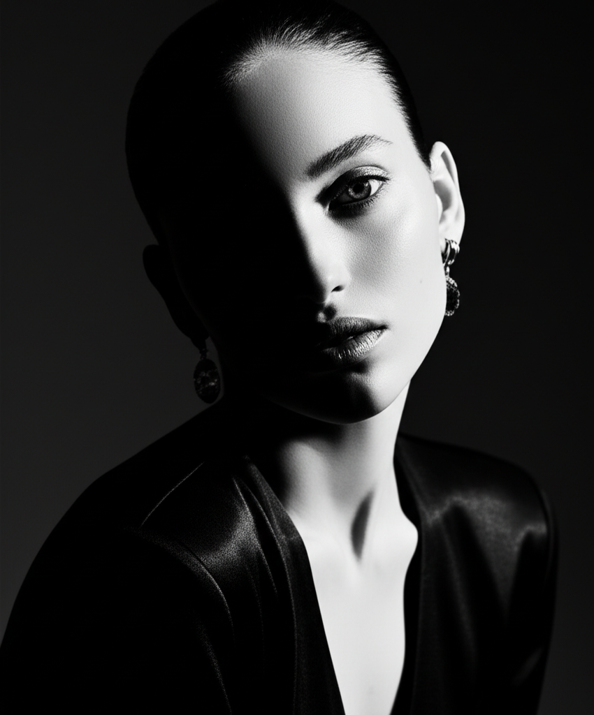 High fashion editorial black and white model portrait with dramatic lighting showcasing JC Models vision